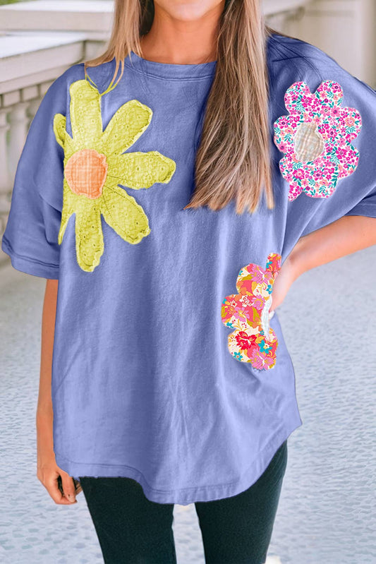 Flower Patched Crew Neck Tee