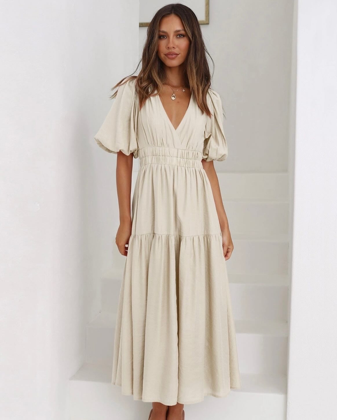 Bubble Sleeve Daily Midi Dress