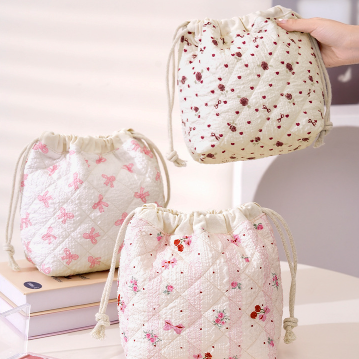 Quilted Drawstring Cosmetic Bag