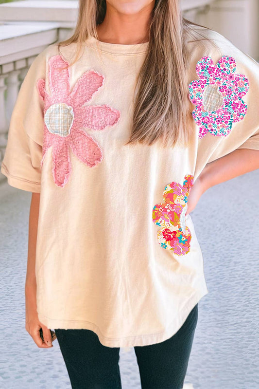 Flower Patched Crew Neck Tee