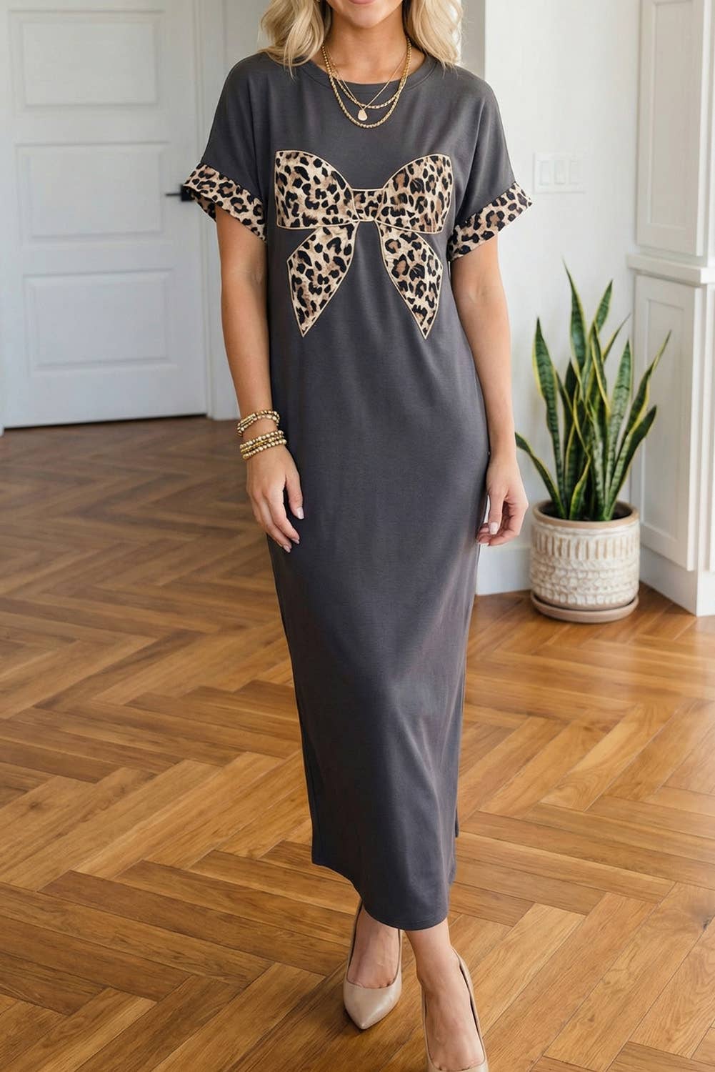 Leopard Bow T Shirt Dress