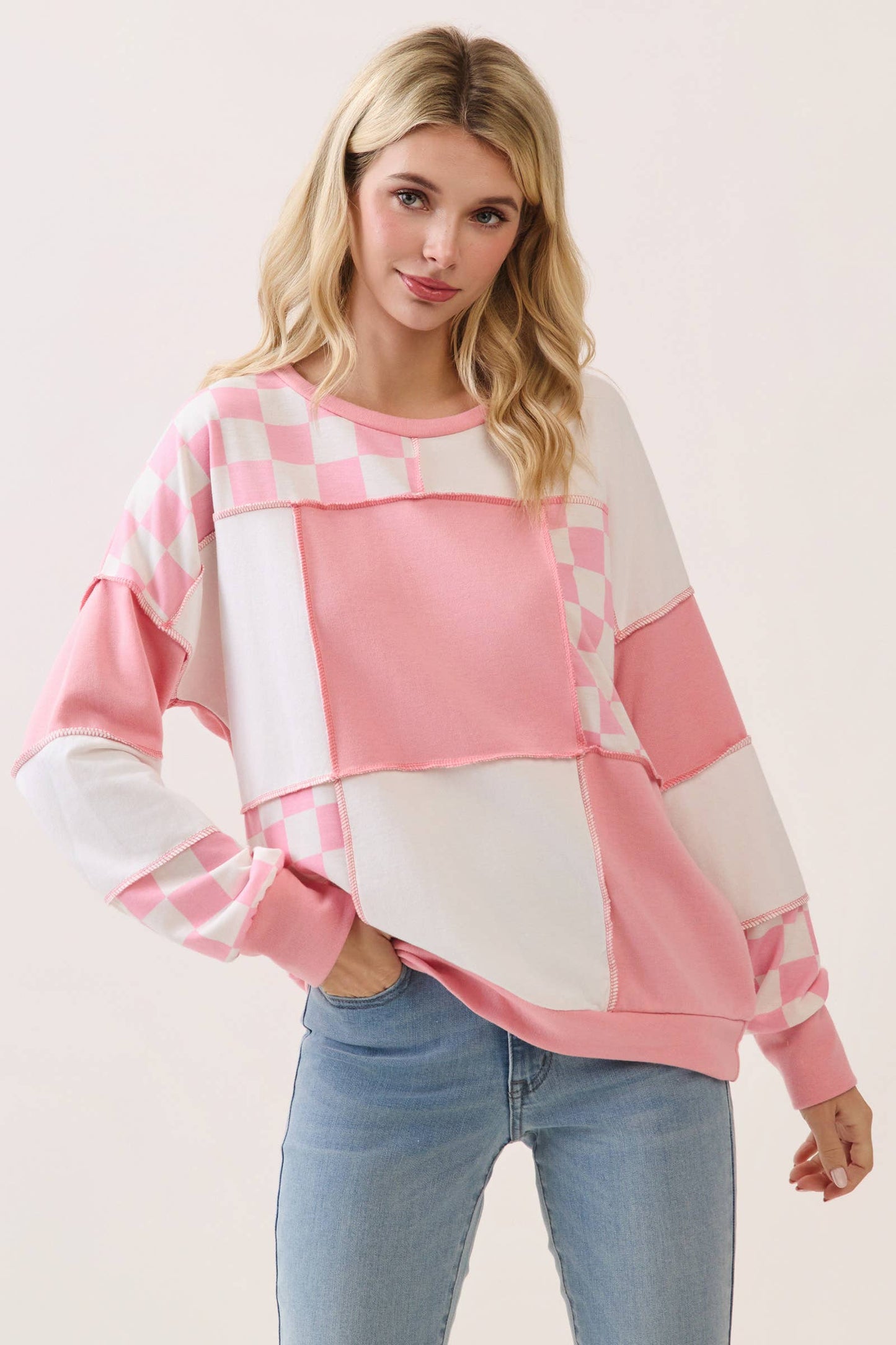 Pinking of You Patchwork Pullover