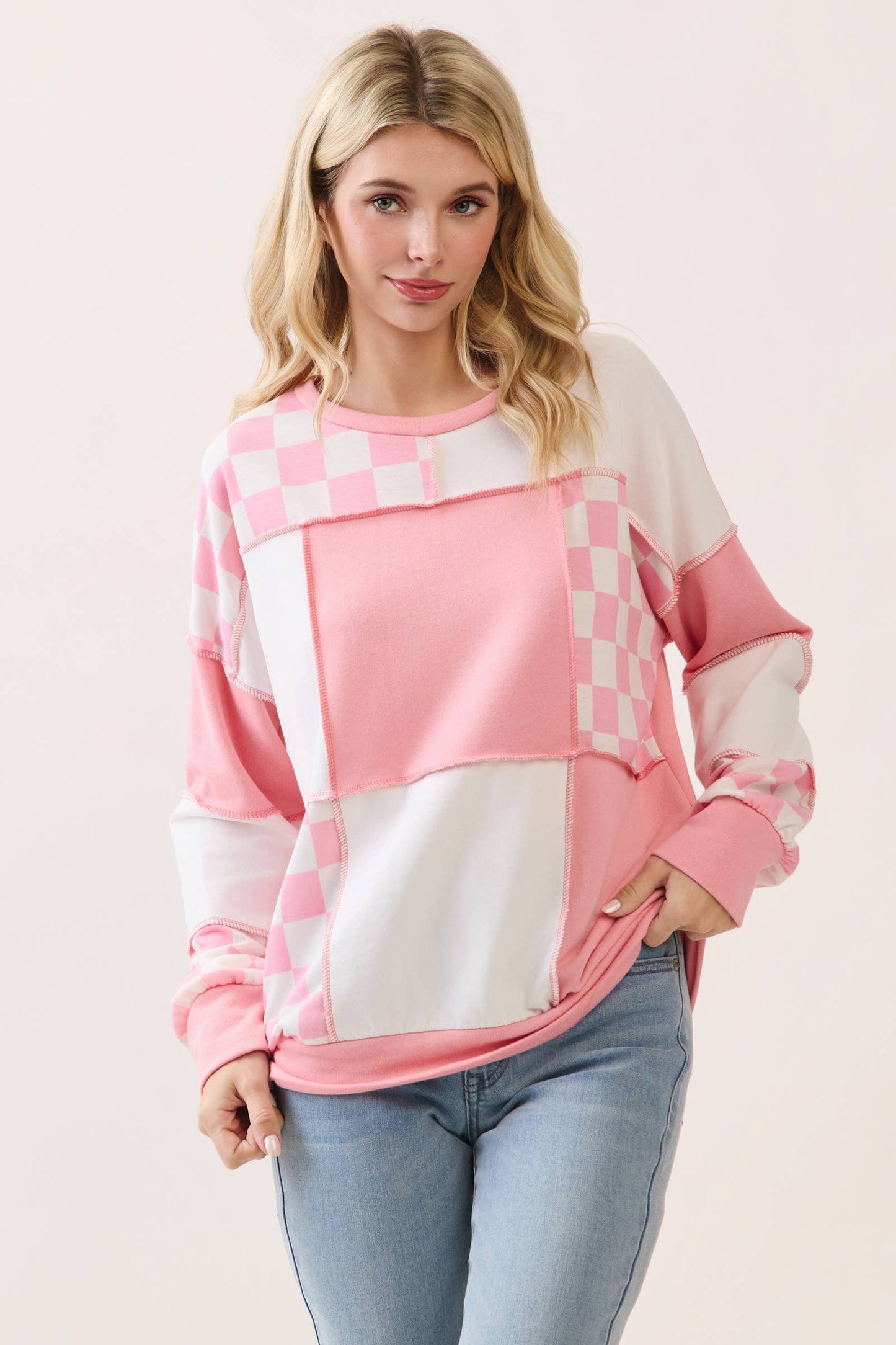 Pinking of You Patchwork Pullover