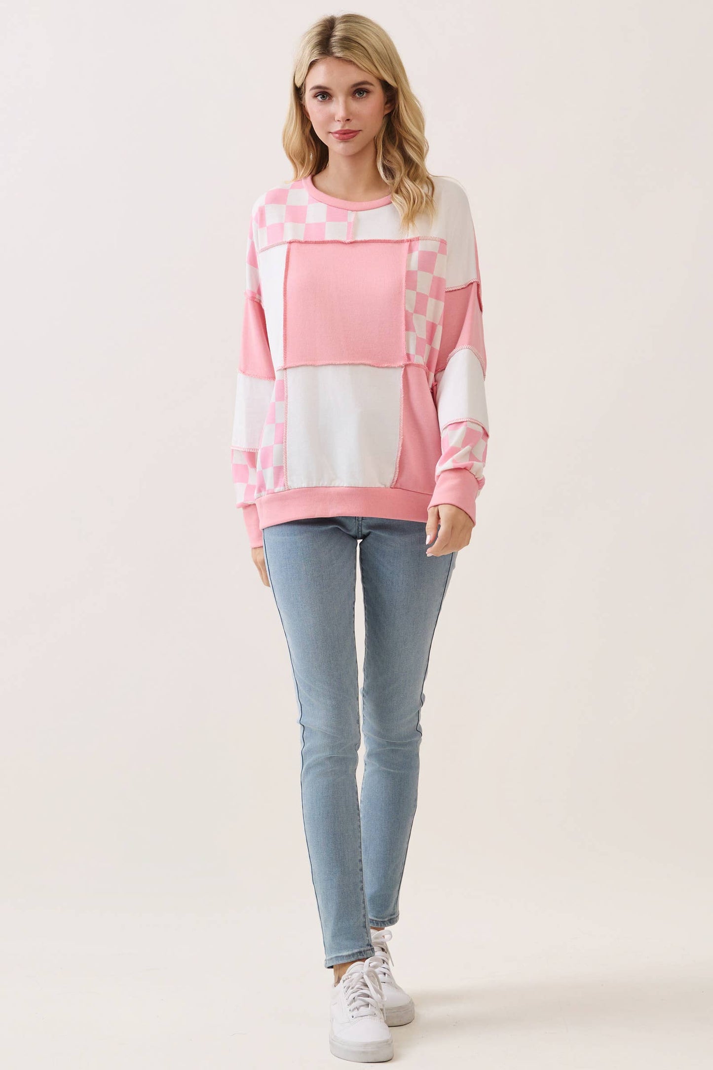 Pinking of You Patchwork Pullover