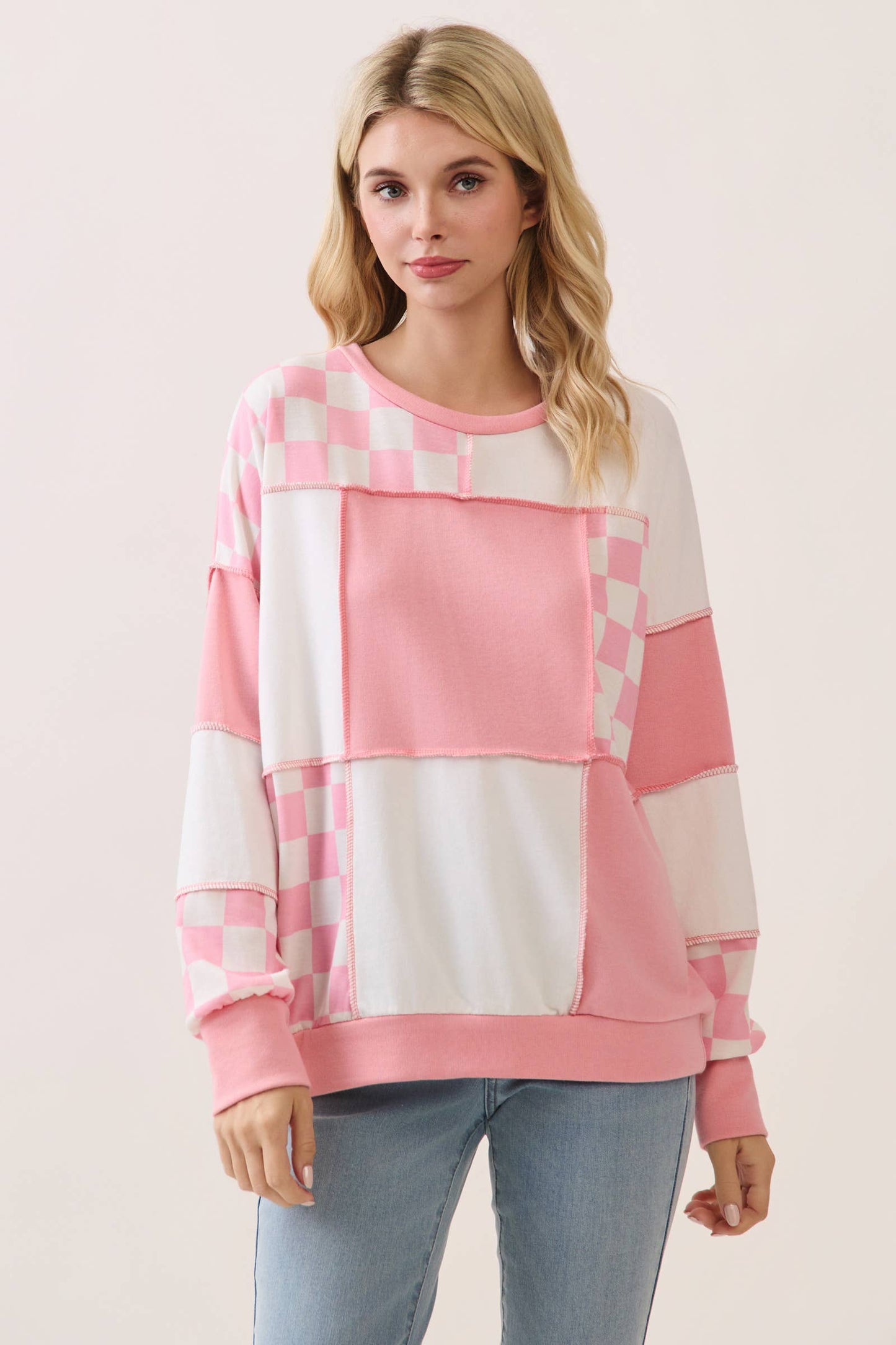 Pinking of You Patchwork Pullover
