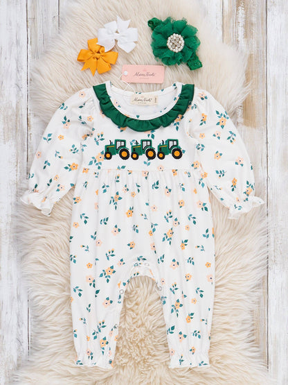 Green Tractor Ruffle Romper
