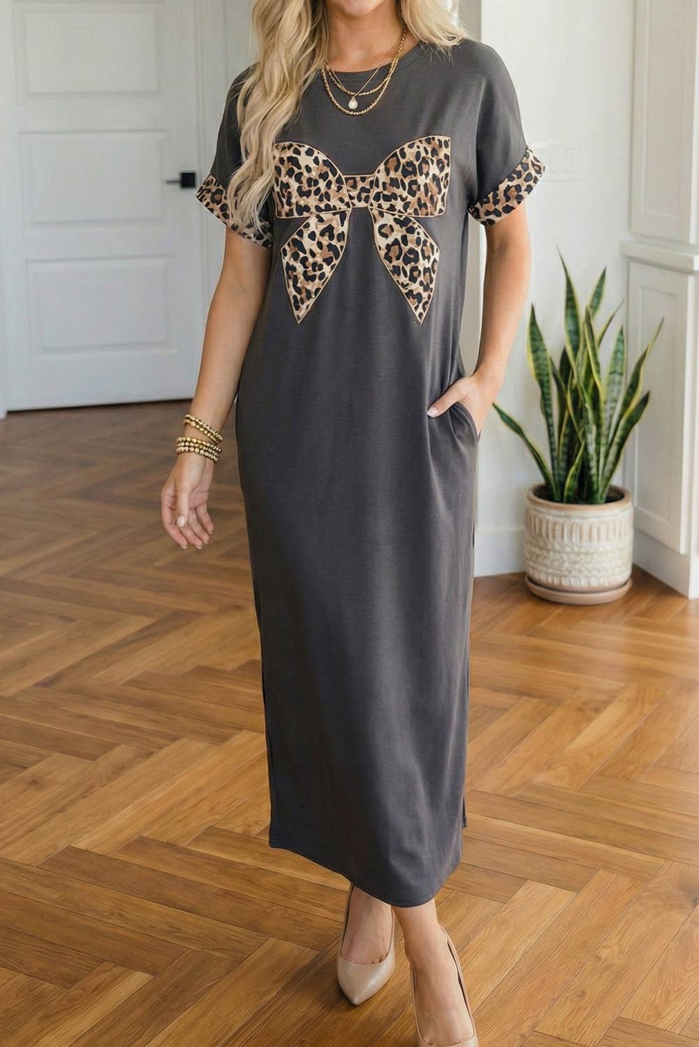 Leopard Bow T Shirt Dress