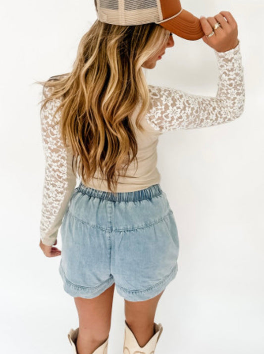 Floral Lace Patchwork High Neck Top- Beige