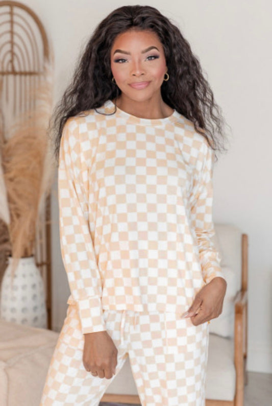 Checkered Print Long Sleeve Lounge Set-Beige