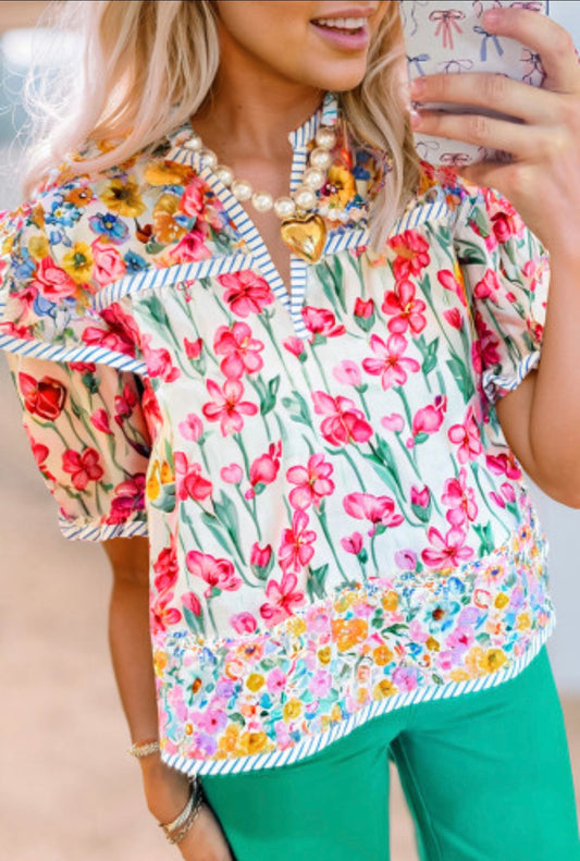 Pink Floral Print Detailed Short Sleeve Blouse
