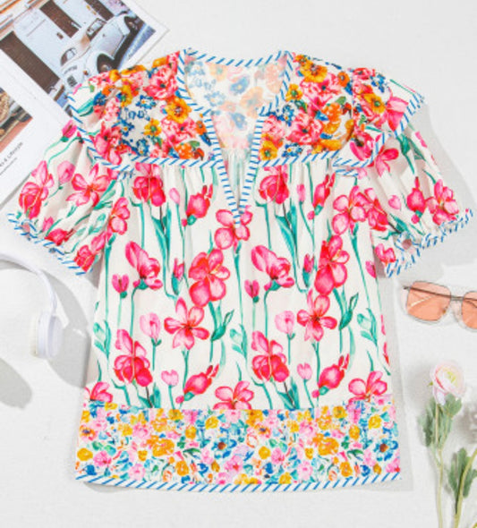 Pink Floral Print Detailed Short Sleeve Blouse
