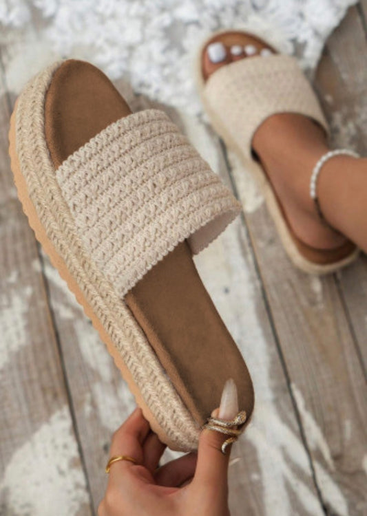White Boho Woven Non-slip Wedge Slippers