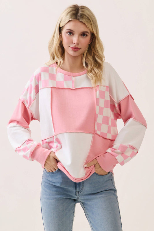 Pinking of You Patchwork Pullover