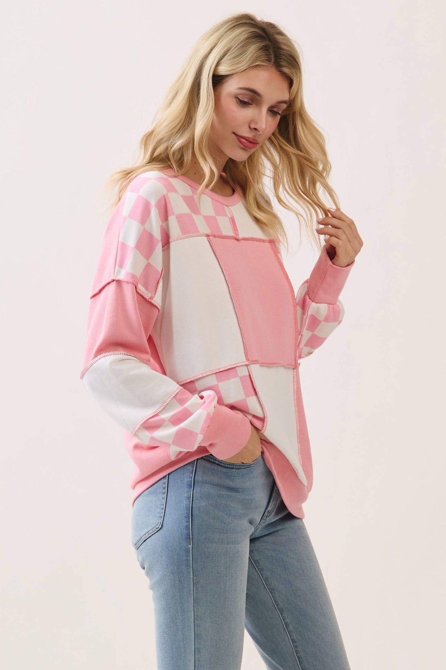 Pinking of You Patchwork Pullover
